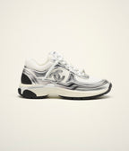 Chanel White Silver Fabric and Laminated Sneakers
