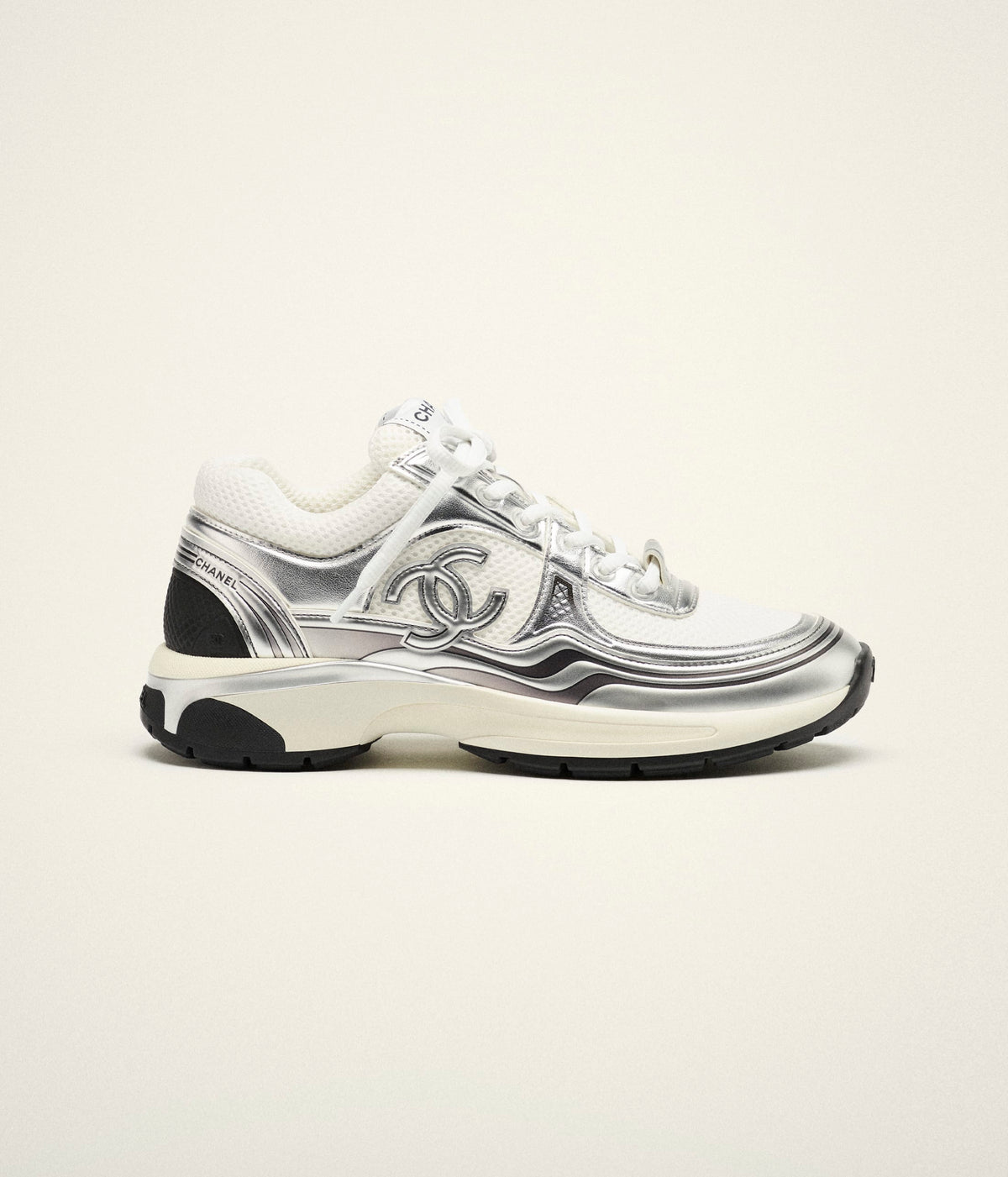 Chanel White Silver Fabric and Laminated Sneakers