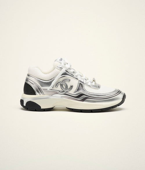 Chanel White Silver Fabric and Laminated Sneakers