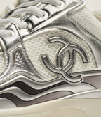 Chanel White Silver Fabric and Laminated Sneakers