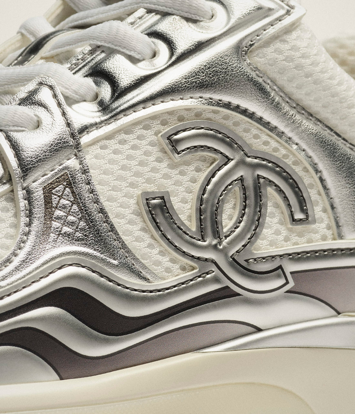 Chanel White Silver Fabric and Laminated Sneakers