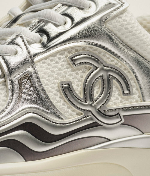 Chanel White Silver Fabric and Laminated Sneakers