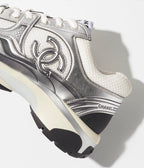 Chanel White Silver Fabric and Laminated Sneakers