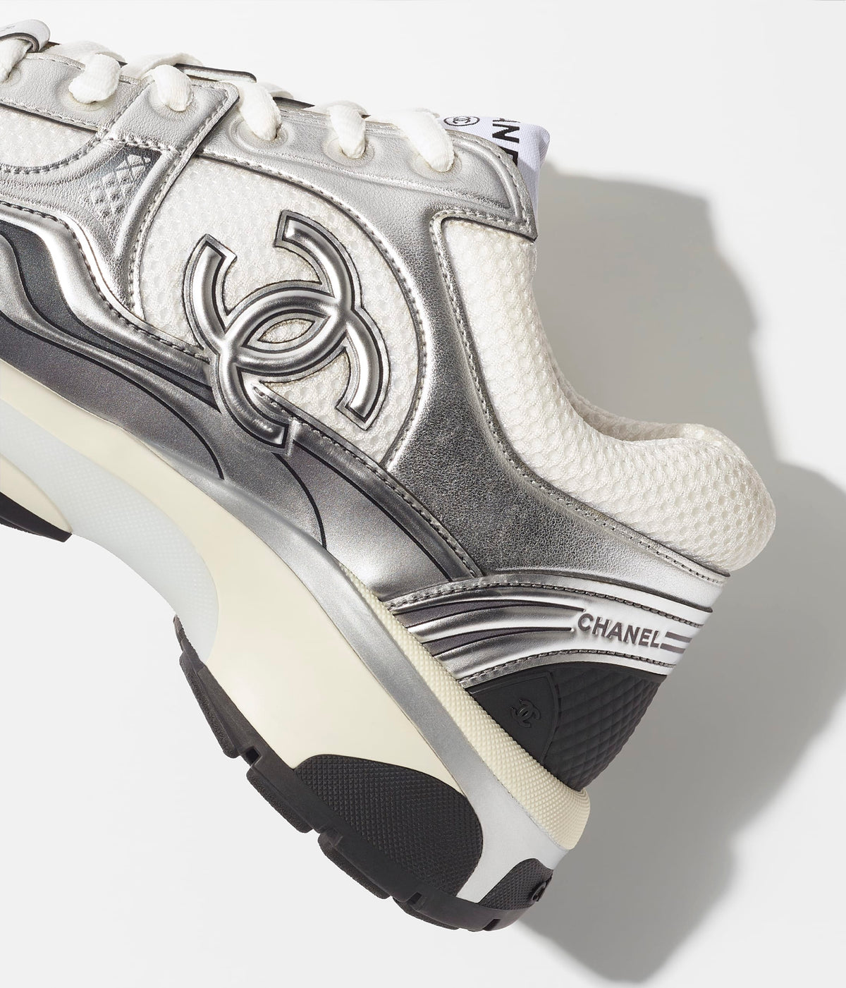 Chanel White Silver Fabric and Laminated Sneakers