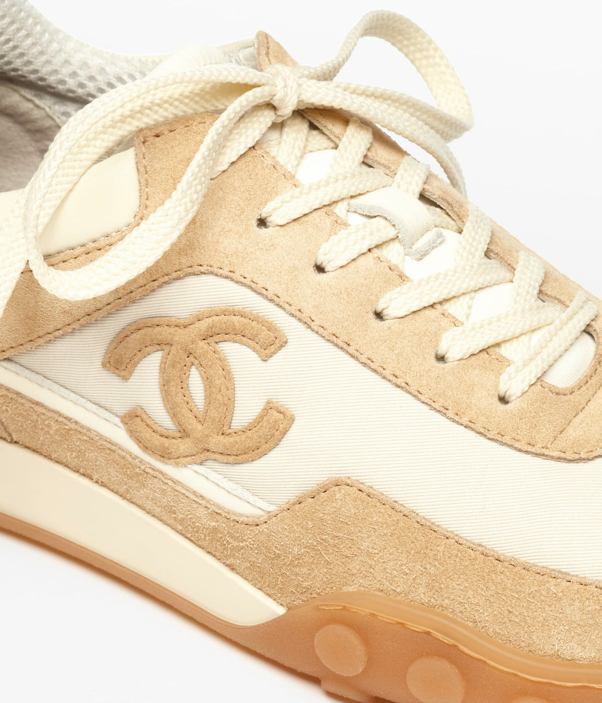 Chanel Ivory Beige Fabric and Suede Calfskin Sneakers