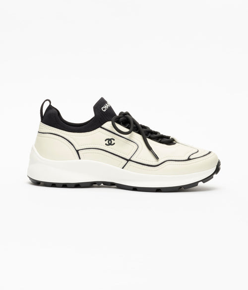 Chanel Ivory Black Calfskin and Mixed Fibers Sneakers