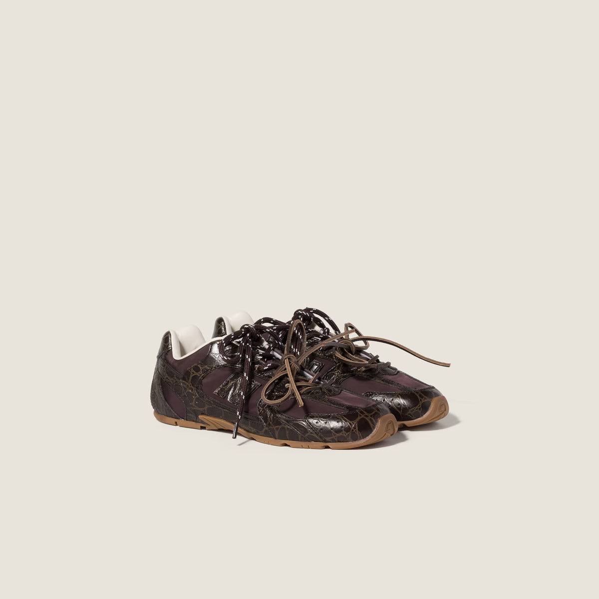 New Balance x Miu Miu 530 SL Dark Brown Crocodile Embossed Calfskin and Technical Fabric Sneakers