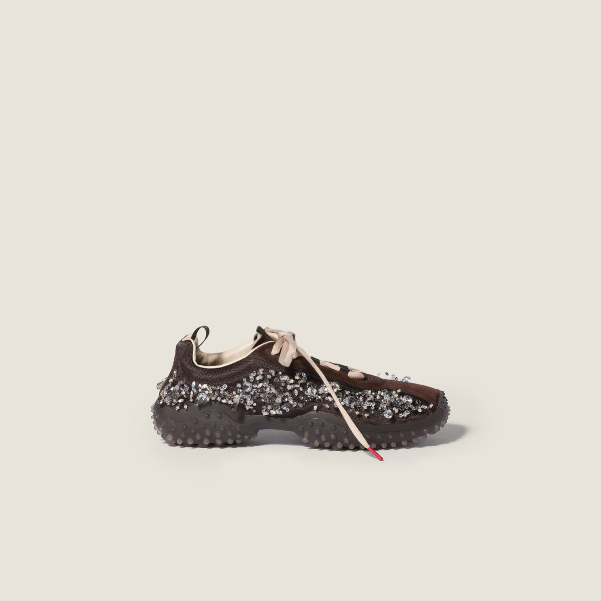 Miu Miu Bubble Dark Brown Embroidered Technical Fabric and Suede Sneakers