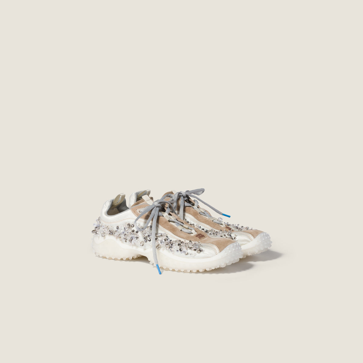Miu Miu Bubble Ivory Embroidered Technical Fabric and Suede Sneakers