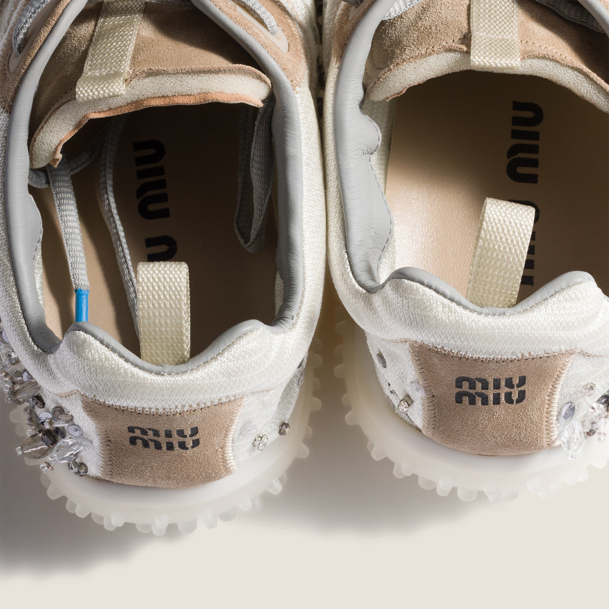 Miu Miu Bubble Ivory Embroidered Technical Fabric and Suede Sneakers